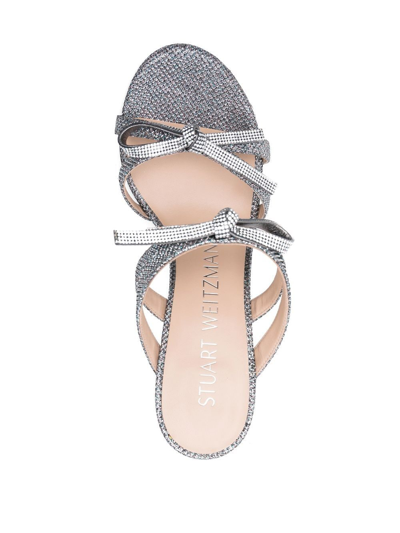 Stuart Weitzman Multicolor Fabric Sw Bow Mules In Silver