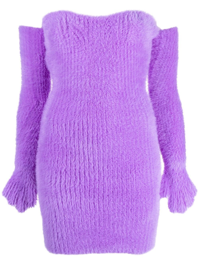 Shop Off-white Fuzzy Gloves Off-shoulder Minidress In Purple