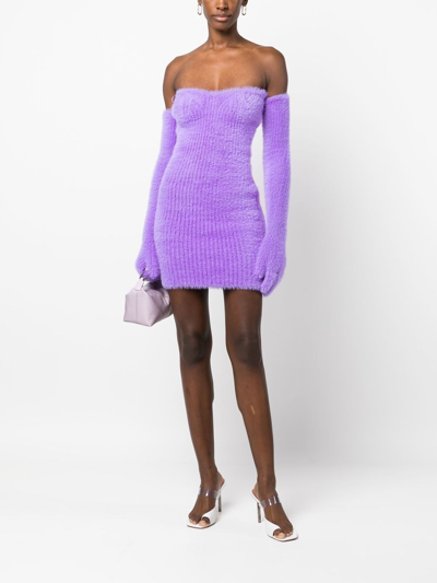 Shop Off-white Fuzzy Gloves Off-shoulder Minidress In Purple