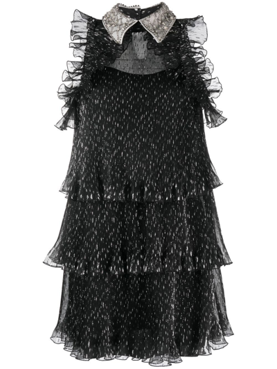 Shop Alberta Ferretti Crystal-embellished Tiered Mini Dress In Black