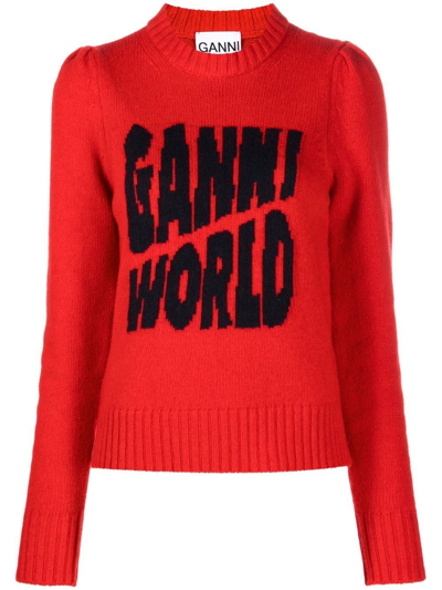 Shop Ganni World Intarsia Jumper In Red