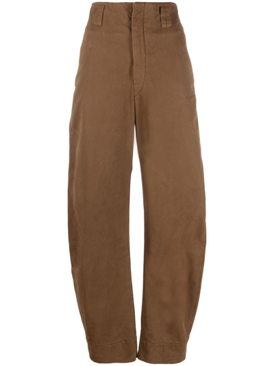 Shop Lemaire Barrel-leg Cotton Trousers In Brown