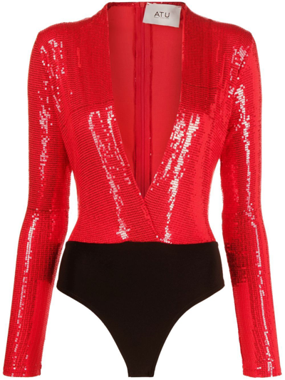Shop Atu Body Couture Plunging V-neck Sequined Bodysuit In Red