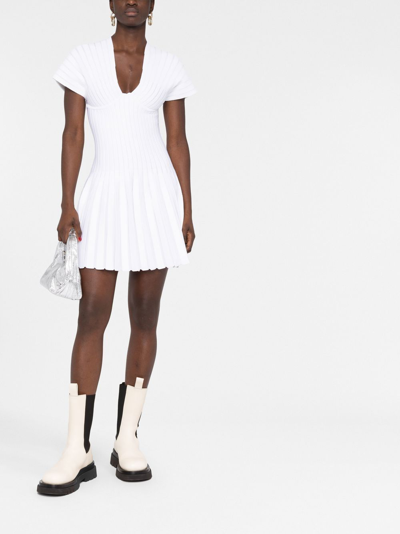 Shop Balmain Pleated Mesh Mini Dress In White