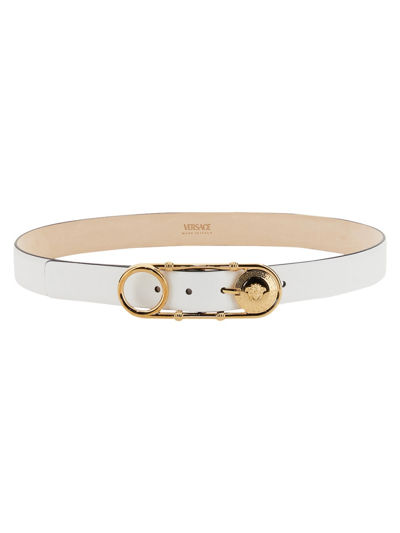 Versace Safety Pin Leather Belt In White | ModeSens