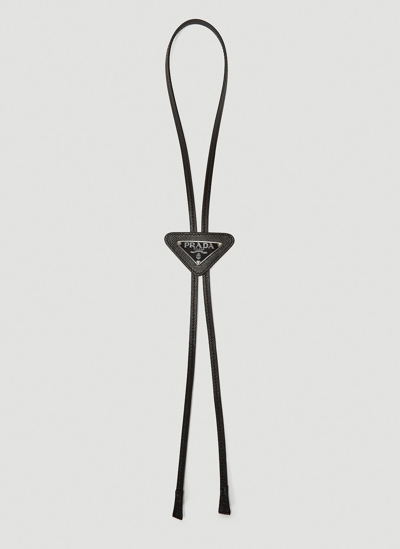 Prada Brushed Leather Bolo Tie Necklace - Black, Silver-Tone Metal