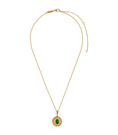 Shop Azlee Yellow Gold, Diamond And Emerald Small Greek Coin Necklace