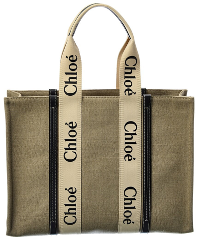 Shop Chloé Chloe Woody Large Canvas & Leather Tote In Green