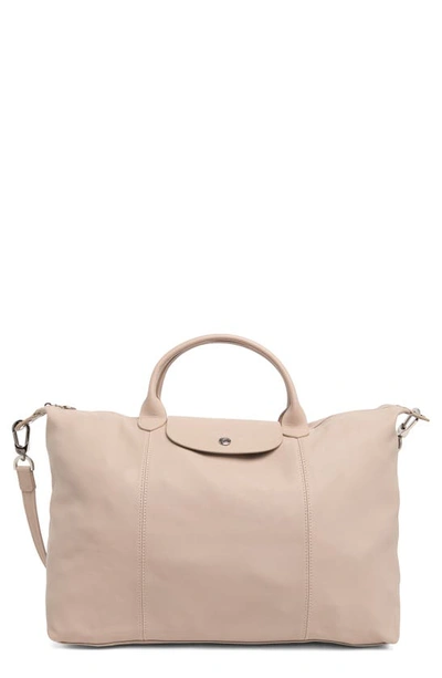 Shop Longchamp Le Pliage Cuir Top Handle Bag In Clay