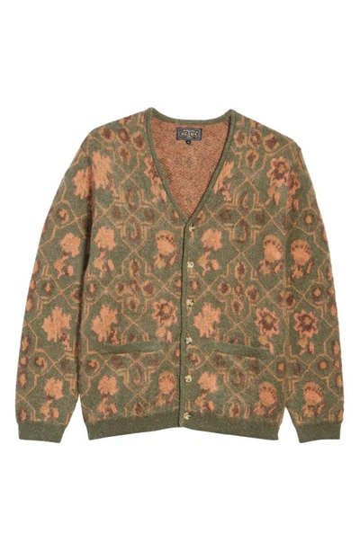 Beams Floral-print Jacquard-knit Cardigan In Olive | ModeSens