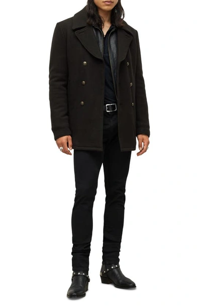 Shop John Varvatos Carlos Wool Blend Peacoat With Removable Faux Leather Bib Insert In Black