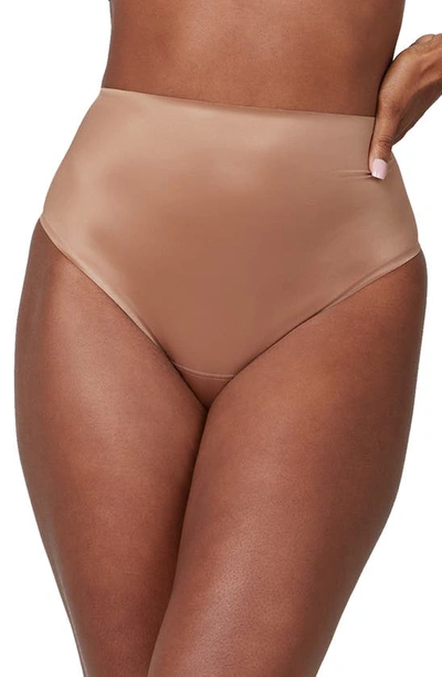 Shop Spanx Shaping Satin Thong In Cafe Au Lait