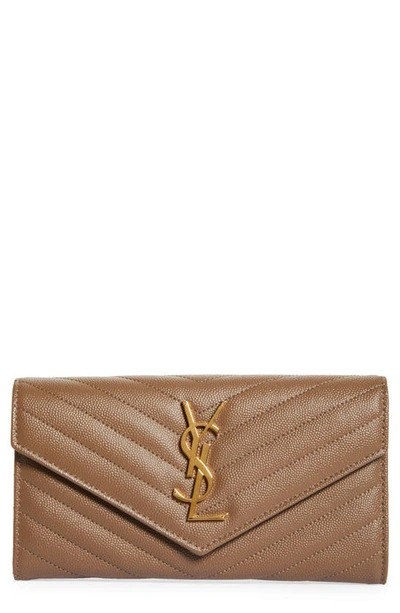 Shop Saint Laurent Monogramme Logo Leather Flap Wallet In Taupe