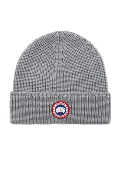 Shop Canada Goose Logo Patch Knitted Beanie In Grey