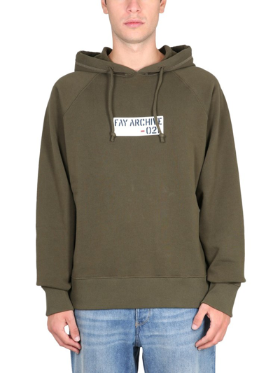 Shop Fay Archive Logo Print Drawstring Hoodie In Green