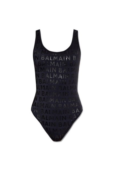 Shop Balmain Logo Printed One Piece Swimsuit In Black