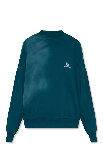 Shop Balenciaga Logo Embroidered Crewneck Sweater In Blue