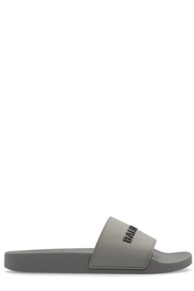 Shop Balenciaga Logo Printed Pool Slides In Grey
