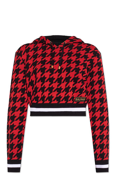 Balmain Houndstooth Cropped Hoodie In Red | ModeSens