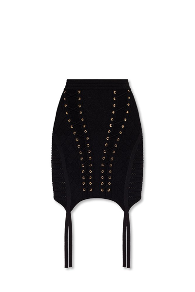 Shop Balmain Garter Detailed Short Knit Skirt In Black