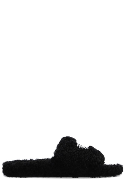 Shop Balenciaga Logo Embroidered Furry Slides In Black