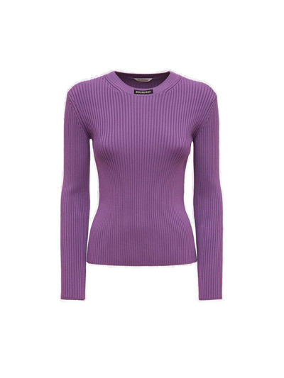 Shop Balenciaga Logo Tag Ribbed Knit Top In Purple