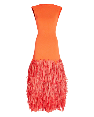 Shop Aje Rushes Fringed Knit Midi Dress In Orange