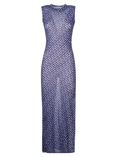 Shop Coperni Monogram Print Mesh Dress In Light Blue/purple