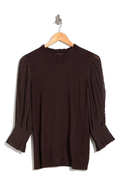 Shop Adrianna Papell Ruffle Neck Pleated Sleeve Sweater In Deep Chocolate