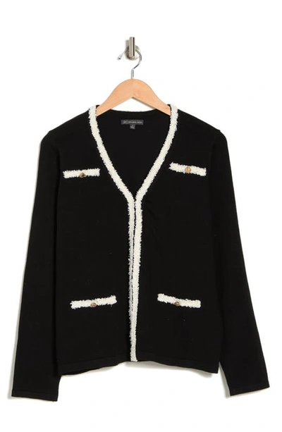 Shop Adrianna Papell Boucle Trim V-neck Cardigan In Black/ Ivory