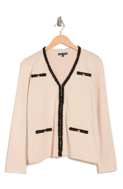 Shop Adrianna Papell Boucle Trim V-neck Cardigan In Champagne Blush/ Black