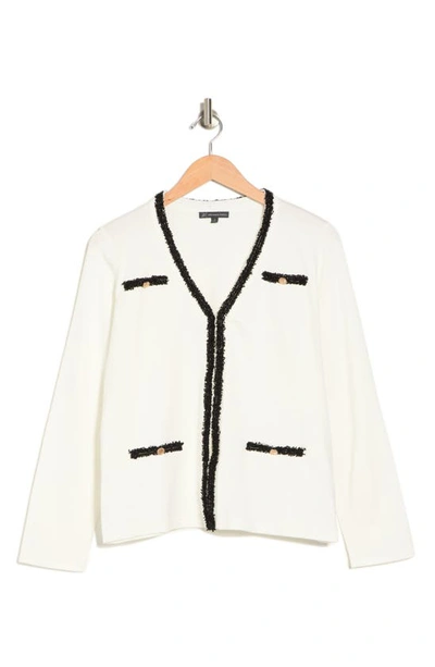 Shop Adrianna Papell Boucle Trim V-neck Cardigan In Ivory/ Black