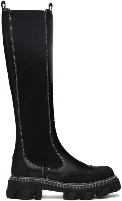 Shop Ganni Black Cleated Tall Boots In 099 Black