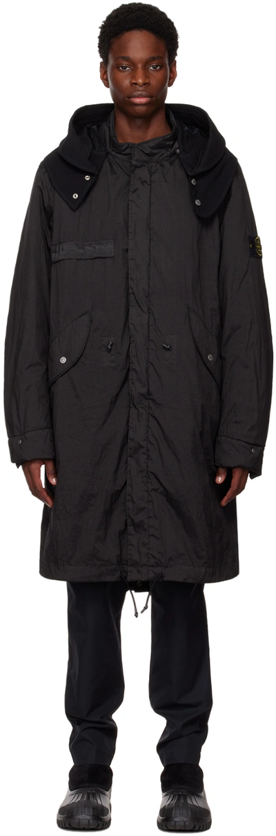 Shop Stone Island Black Long Coat In V0029 Black