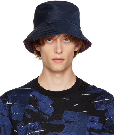 Shop Ferragamo Navy Reversible Bucket Hat In Blu Navy/melagrana N