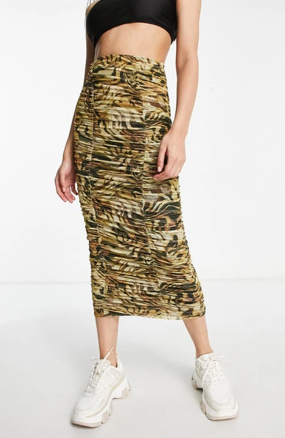 Topshop Mesh Animal Print Ruched Midi Skirt In Neutral | ModeSens