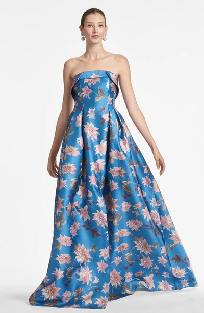 Shop Sachin & Babi Floral Print Belted Strapless Satin Gown In Slate Dalia Multi