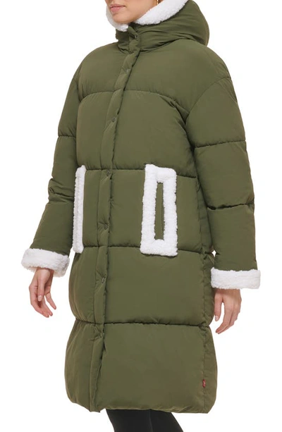 Shop Levi's Faux Shearling Trim Puffer Parka In Army Green