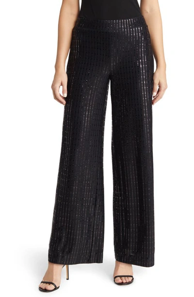 Shop Anne Klein Linear Shine Sequin Wide Leg Pants In Anne Black