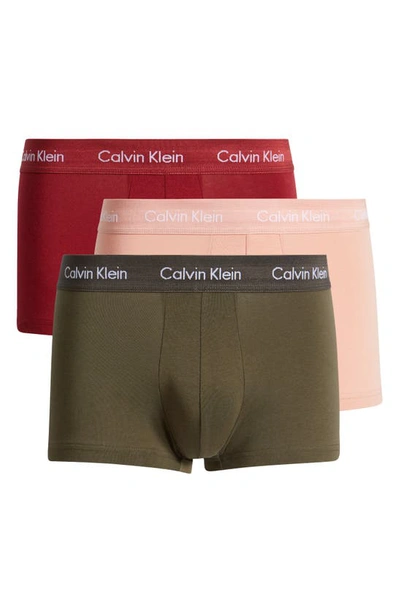 Shop Calvin Klein 3-pack Stretch Cotton Trunks In Coral/ Red/ Olive