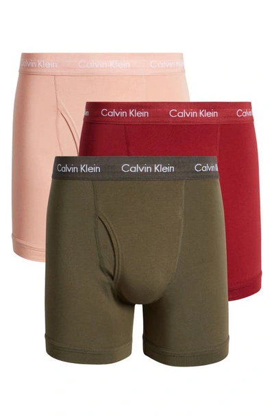 Shop Calvin Klein 3-pack Stretch Cotton Boxer Briefs In Olive/ Maroon/ Coral