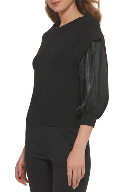 Shop Dkny Mixed Media Blouson Sleeve Rib Sweater In Black/ Black