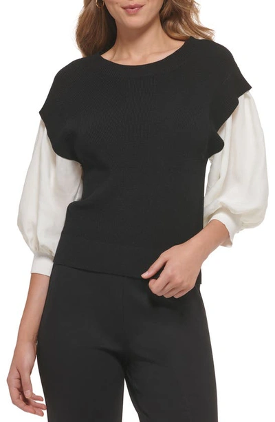 Shop Dkny Mixed Media Blouson Sleeve Rib Sweater In Black/ Ivory