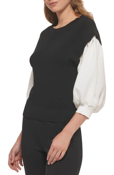 Shop Dkny Mixed Media Blouson Sleeve Rib Sweater In Black/ Ivory