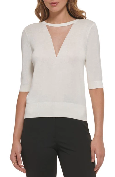 Shop Dkny Sheer Mesh Illusion V-neck Sweater In Ivory