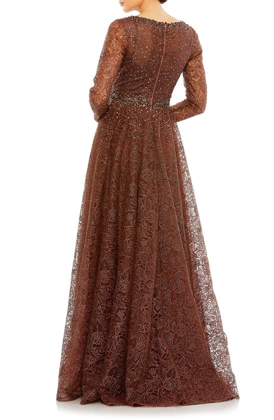 Shop Mac Duggal Floral Embellished Long Sleeve A-line Gown In Chocolate