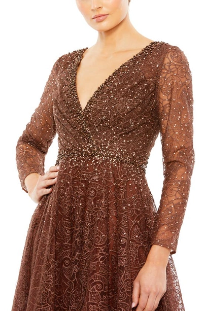 Shop Mac Duggal Floral Embellished Long Sleeve A-line Gown In Chocolate