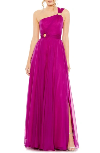 Shop Ieena For Mac Duggal Stappy One-shoulder A-line Gown In Magenta
