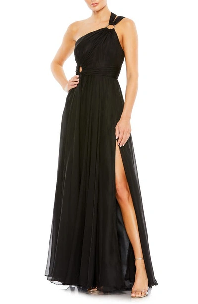 Shop Ieena For Mac Duggal Stappy One-shoulder A-line Gown In Black