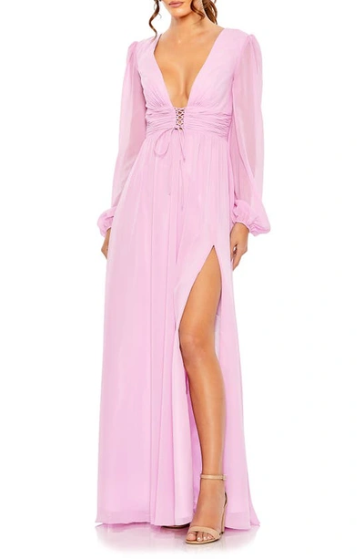 Shop Ieena For Mac Duggal Plunge Neck Lace-up Long Sleeve Gown In Lilac